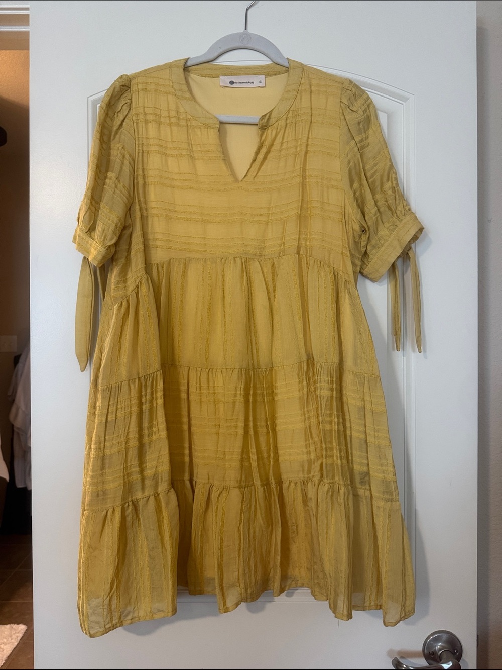 The Impeccable Pig Mustard Tiered Mini Dress with Tie Sleeves